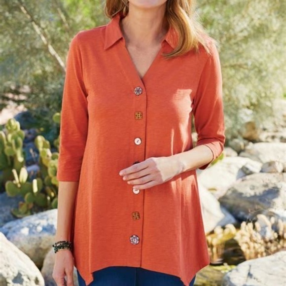 Soft Surroundings Womens Small Orange Danielle Funky Button Sharkbite Tunic Top - Picture 11 of 11